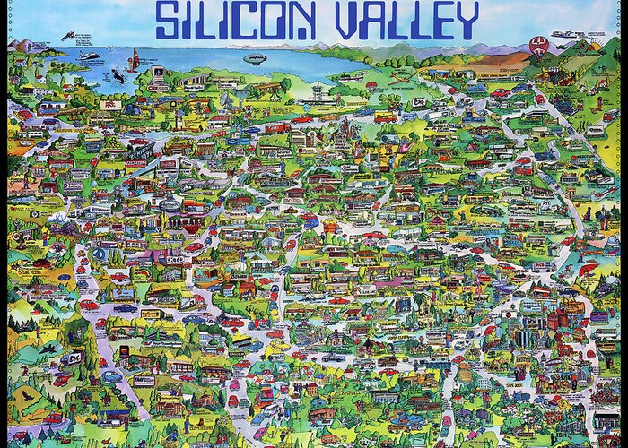 Silicon Valley Greeting Card featuring the mixed media Vintage 1982 Silicon Valley USA Poster Print, Shows Many Historic Companies and Places by Kathy Anselmo