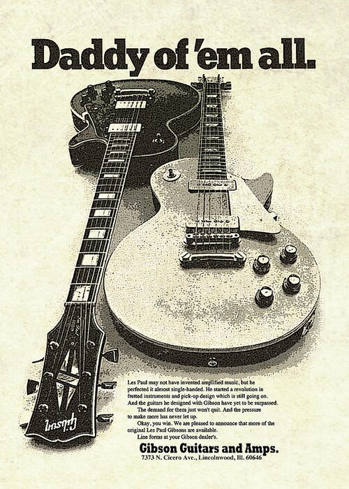 Guitar Greeting Card featuring the digital art Vintage Gibson Les Paul Ad by Gary Bodnar
