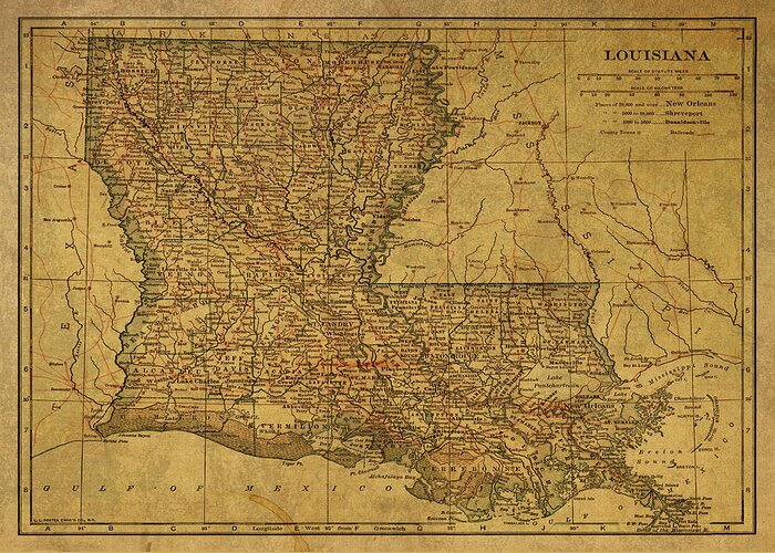 Vintage Greeting Card featuring the mixed media Vintage Map of Louisiana by Design Turnpike
