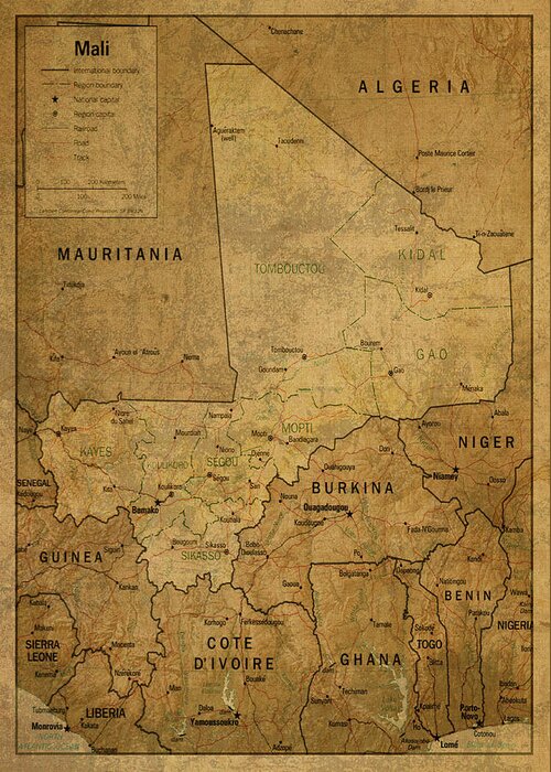 Vintage Greeting Card featuring the mixed media Vintage Map of Mali West Africa by Design Turnpike