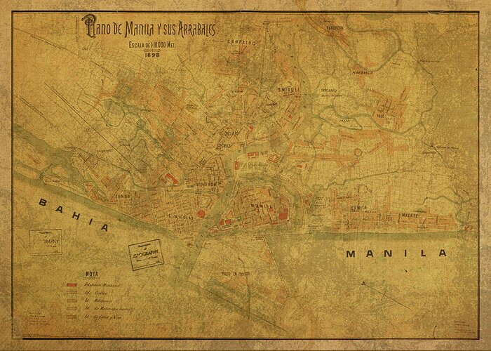Vintage Greeting Card featuring the mixed media Vintage Map of Manilla Philippines 1898 by Design Turnpike