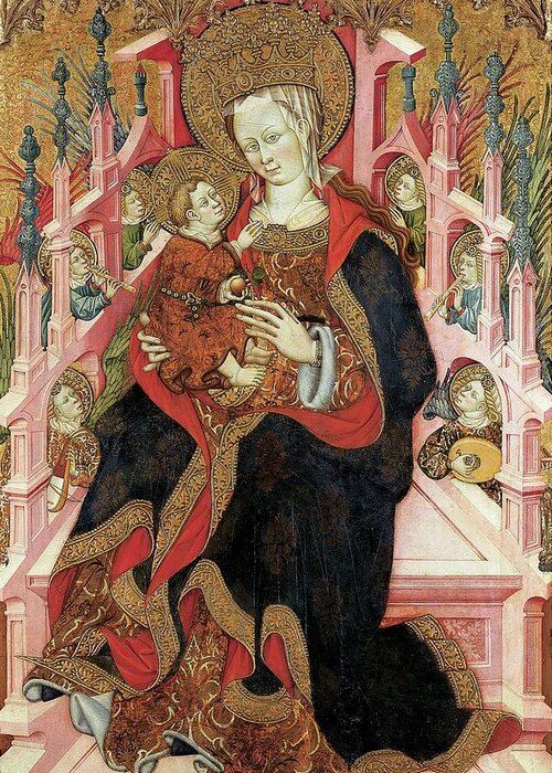Madonna Greeting Card featuring the painting Virgin And Child Enthroned With Angels Making Music by Burnham Master