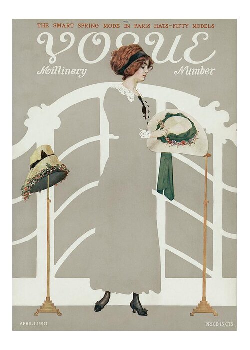 #new2022vogue Greeting Card featuring the painting Vogue Millinery Cover Of A Woman Viewing Hats by Unknown
