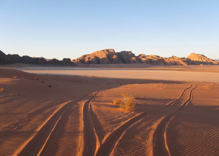 Desert Greeting Card featuring the photograph Wadi Rum Tracks by Inge Elewaut