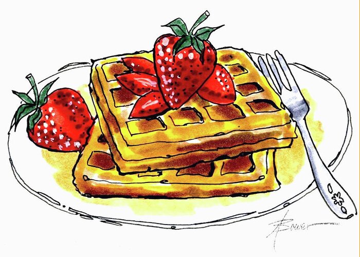 Waffles Greeting Card featuring the painting Waffles and Strawberries by Adele Bower