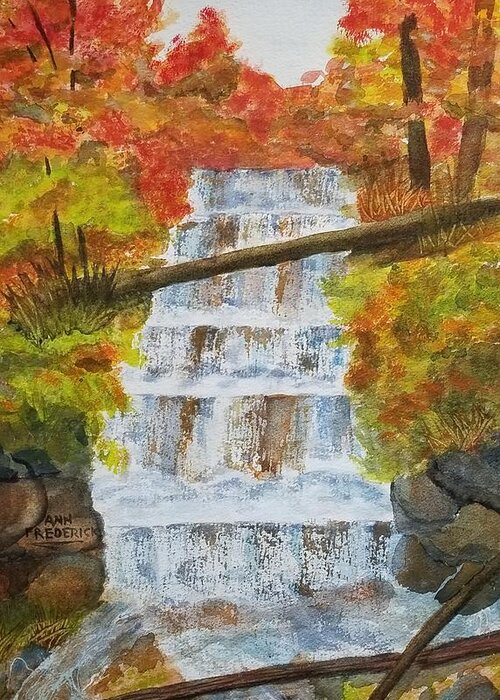 Waterfalls Greeting Card featuring the painting Wagner Falls by Ann Frederick