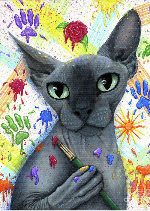 Sphynx Cat Greeting Card featuring the painting Walter The Artist - Sphynx Cat by Carrie Hawks