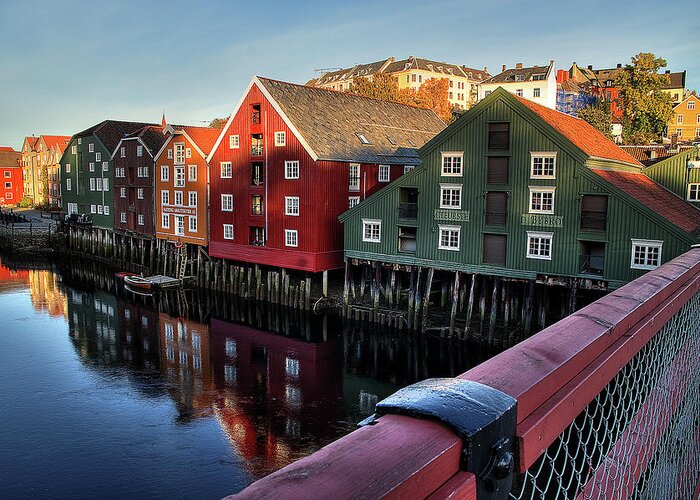 Clear Sky Greeting Card featuring the photograph Warehouses At The Nidelva River by Michael Echteld