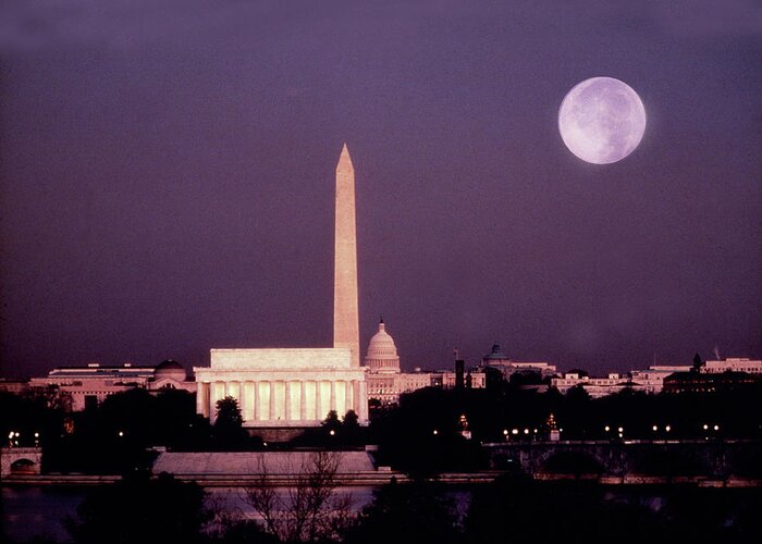 Washington Monument Greeting Card featuring the photograph Washington With A Full Moon by Lyle Leduc