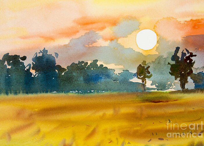 Shadow Greeting Card featuring the digital art Watercolor Painting Original Landscape by Painterstock