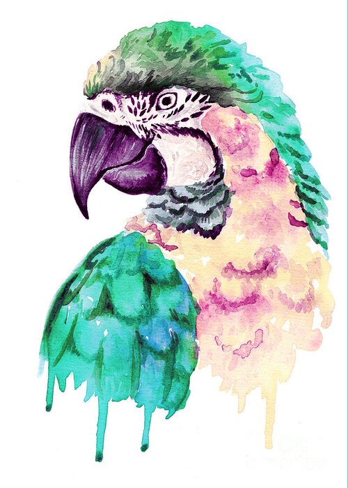 Feather Greeting Card featuring the digital art Watercolor Parrot Portrait by Maria Sem