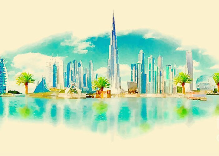 Gouache Greeting Card featuring the digital art Watercolor Vector Panoramic Dubai by Trentemoller