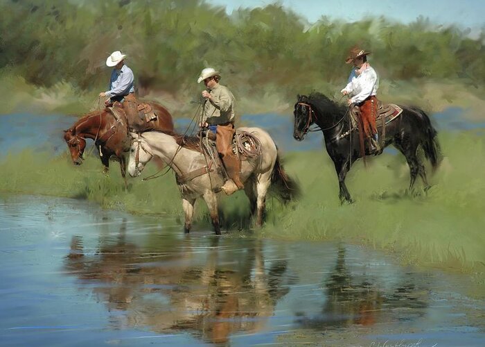 Cowboys Greeting Card featuring the digital art Watering Hole by Cynthia Westbrook