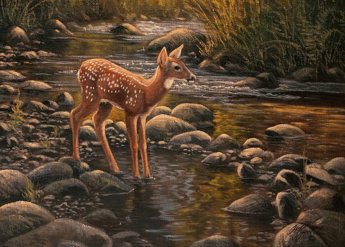 Water's Edge - Fawn Greeting Card featuring the painting Water's Edge - Fawn by Wilhelm Goebel