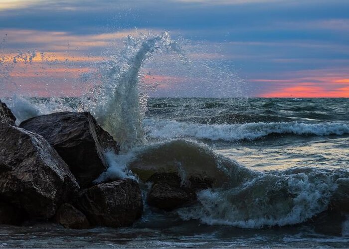 Lake Greeting Card featuring the photograph Wave vs Rock by Terri Hart-Ellis