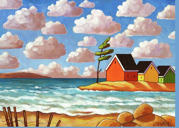 Waves And Colorful Cabins Beach Greeting Card featuring the painting Waves And Colorful Cabins Beach by Cathy Horvath-buchanan