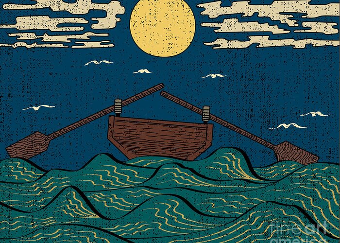 Vintage Woodcut Greeting Card featuring the digital art Wavy Sea Water Landscape Depicting Boat by Drug Naroda