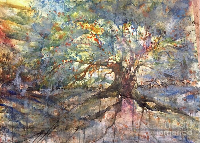Impressionistic Floral Landscape Louisiana Watercolor Abstract Impressionism Water Bayou Lake Verret Blue Set Design Iris Abstract Painting Abstract Landscape Purple Trees Fishing Painting Bayou Scene Cypress Trees Swamp Bloom Elegant Flower Watercolor Coastal Bird Water Bird Interior Design Imaginative Landscape Oak Tree Louisiana Abstract Impressionism Set Design Fort Worth Texas Thefoyerbr Shoplocal Shopbr Shopbatonrouge Geauxlocal Gobr Brproud 225batonrouge Decoratebatonrouge Batonrougehomes Greeting Card featuring the painting Weeping Oak by Francelle Theriot