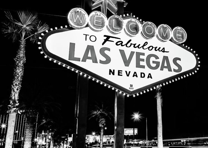 Las Vegas Sign Greeting Card featuring the photograph Welcome to Las Vegas Neon Sign - Nevada USA 1x1 Monochrome by Gregory Ballos