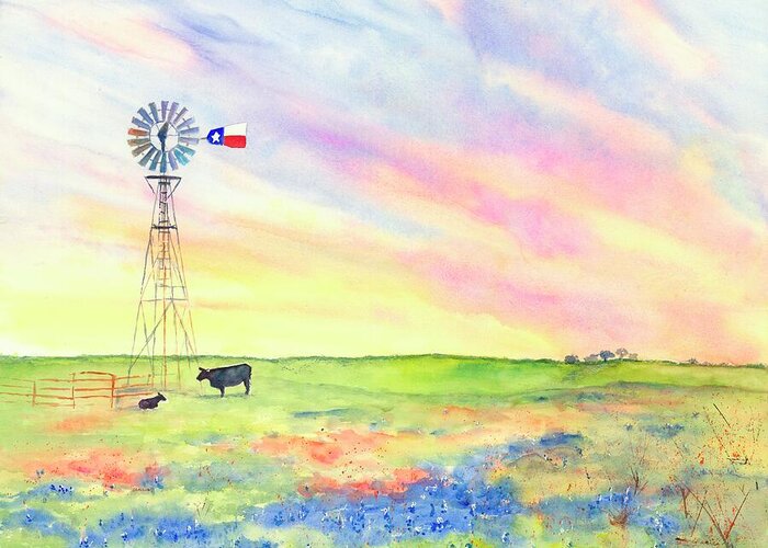 Texas Greeting Card featuring the painting West Texas Ranch Landscape Windmill by Carlin Blahnik CarlinArtWatercolor