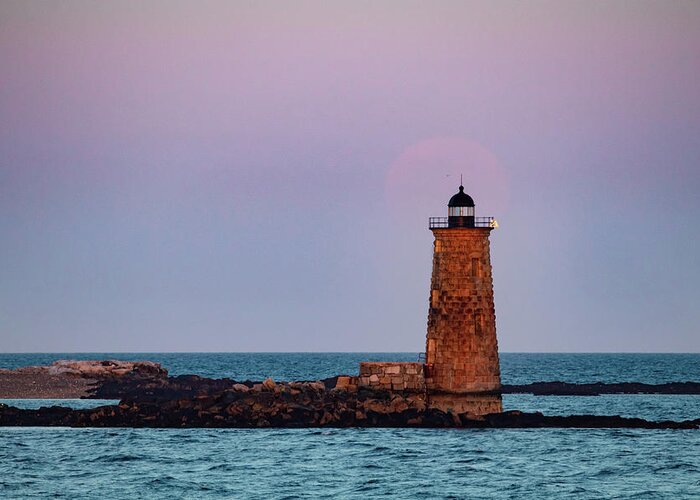 Whaleback Lighthouse Greeting Card featuring the photograph Whaleback Lighthouse Full moon Rising by Jeff Folger