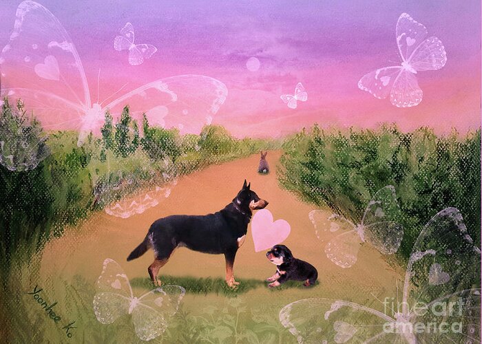Dog Greeting Card featuring the painting When Mr. Darcy meets his son  by Yoonhee Ko