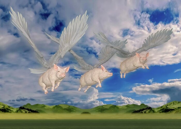 Pig Greeting Card featuring the digital art When Pigs Fly by Betsy Knapp