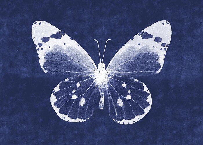 Butterfly White Blue Indigo Skeleton Butterfly Wings Modern Bohemianinsect Bug Garden Home Decorairbnb Decorliving Room Artbedroom Artcorporate Artset Designgallery Wallart By Linda Woodsart For Interior Designersgreeting Cardpillowtotehospitality Arthotel Artart Licensing Greeting Card featuring the mixed media White and Indigo Butterfly 1- Art by Linda Woods by Linda Woods