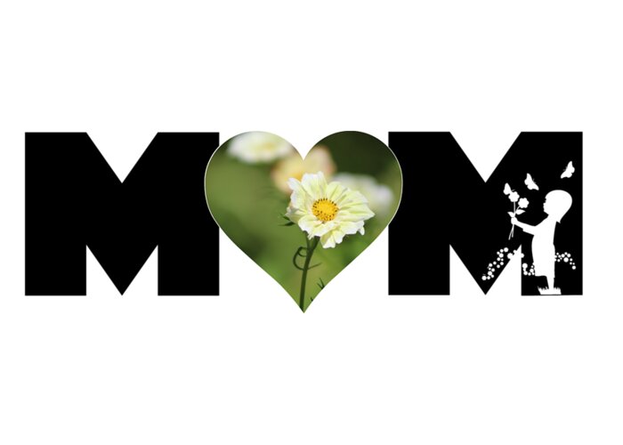 Mom Greeting Card featuring the photograph White Cosmos in Heart with Little Girl MOM Big Letter by Colleen Cornelius