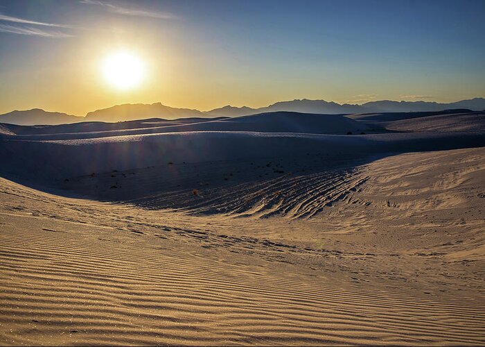 White Sands National Monument Nm Desert Park Dunes Sand Hiking Sunset Ripples Stark Blinding New Mexico Greeting Card featuring the photograph White Sands National Monument Sunset by Peter Herman