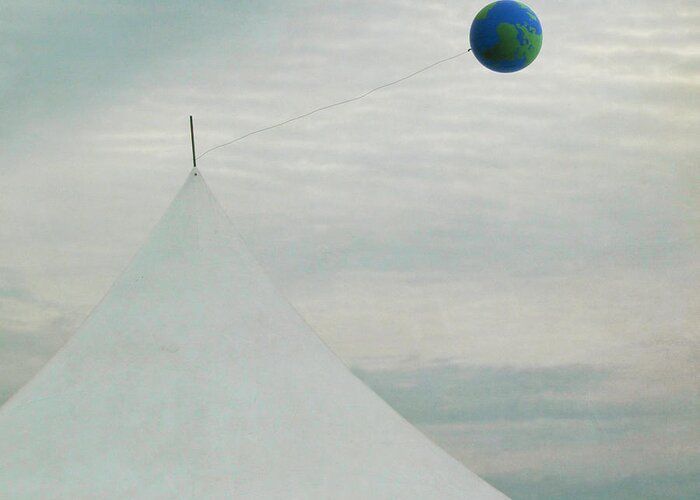 Mid-air Greeting Card featuring the photograph White Tent With Earth Balloon by Francois Dion