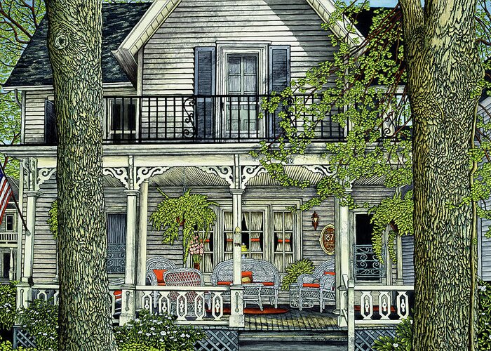 Ferns And Wicker Furniture On Porch Of Large White House With Trees In Front Greeting Card featuring the mixed media Wicker And Ferns by Thelma Winter