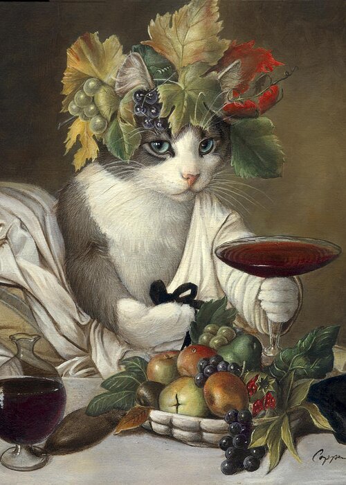 Cat Greeting Card featuring the painting Widget as Bacchus by Melinda Copper