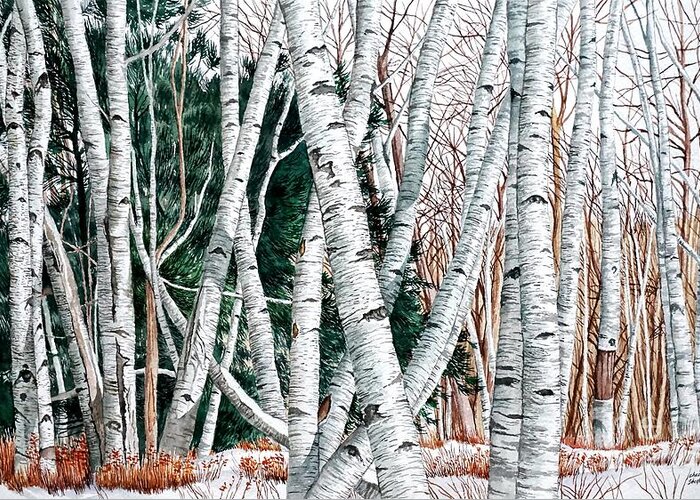 Birch Trees Greeting Card featuring the painting Wild Birch Trees in the Deep Forest in watercolor by Christopher Shellhammer