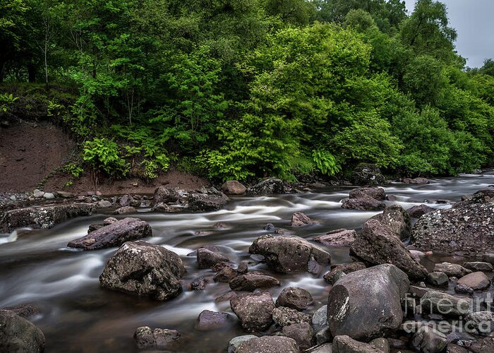 Background Greeting Card featuring the photograph Wild Mountain River Streaming Through Green Forest in Scotland by Andreas Berthold
