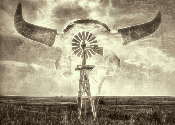 Kansas Greeting Card featuring the photograph Windmill and Bison 002 by Rob Graham