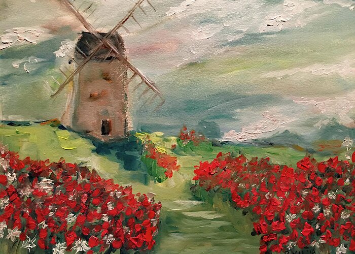 Windmill Greeting Card featuring the painting Windmill in a Poppy Field by Roxy Rich