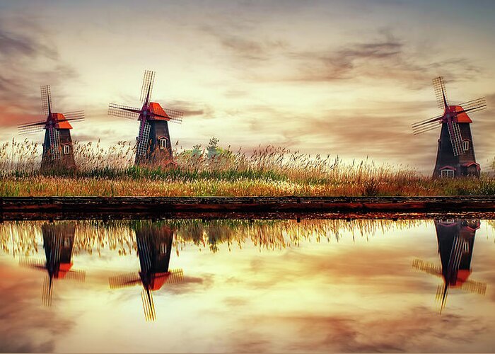 Windmill Greeting Card featuring the photograph Windmills On Salt Pond by Tiger Seo