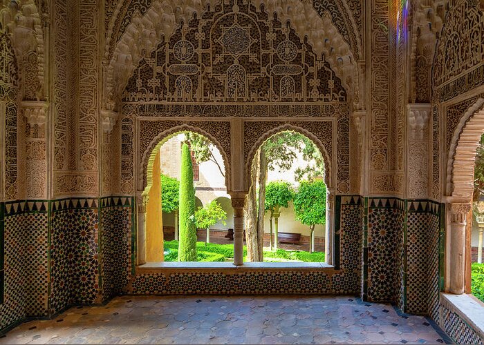 Alhambra Greeting Card featuring the photograph Windows of the Alhambra by Douglas Wielfaert