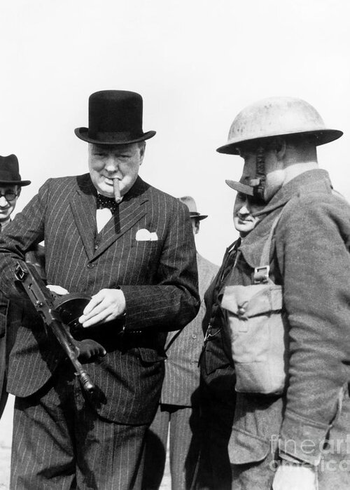 Winston Churchill Greeting Card featuring the photograph Winston Churchill Holding A Sub Machine Gun, Photo by English Photographer