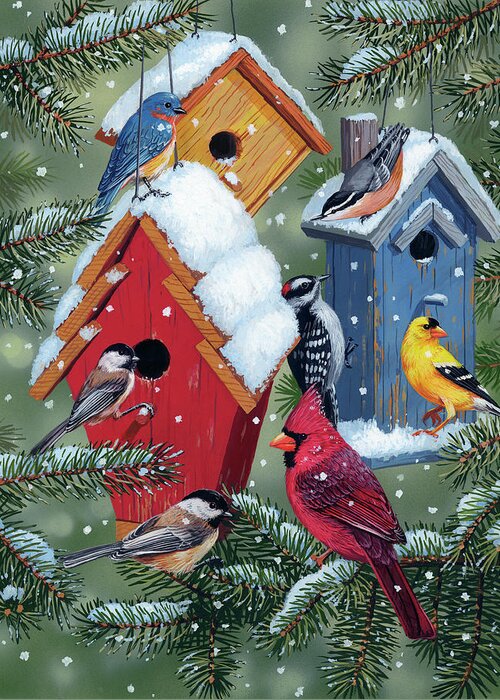 Winter Birdhouses Greeting Card featuring the painting Winter Birdhouses by William Vanderdasson