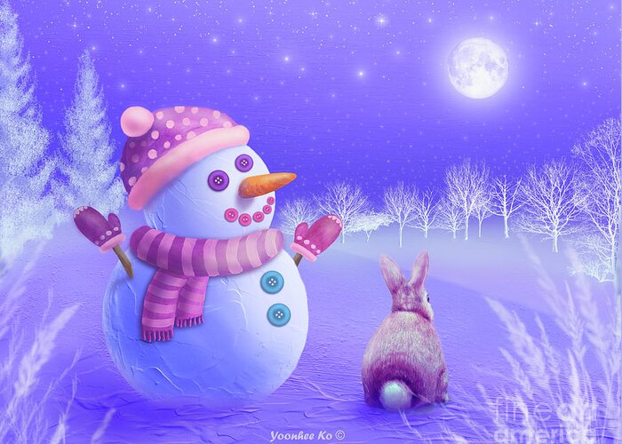 Snowman Greeting Card featuring the painting Winter Night Moon Watching by Yoonhee Ko