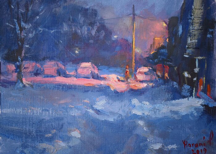 Snow Greeting Card featuring the painting Winter Nocturne by Ylli Haruni