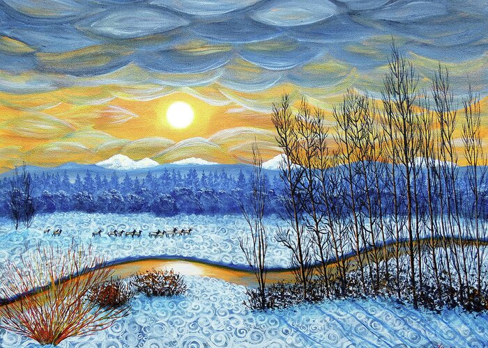 Pacific Northwest Greeting Card featuring the painting Winter River in Sunset by Laura Iverson