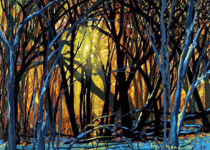 Winter Greeting Card featuring the painting Winter Sunset in the Forest by Lynn Hansen