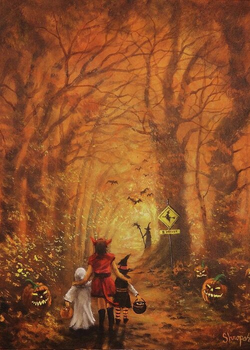 Halloween Greeting Card featuring the painting Witch Crossing Ahead by Tom Shropshire