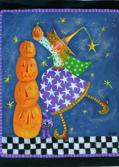 Witch With Purple Skirt Stacking Pumpkins Greeting Card featuring the painting Witch With Purple Skirt Stacking Pumpkins by Pat Olson Fine Art And Whimsy