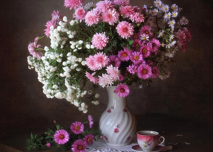 Pink Greeting Card featuring the photograph With A Bouquet Of Chrysanthemums by ??????? ????????