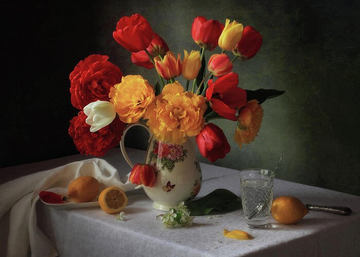 Still Life Greeting Card featuring the photograph With A Bouquet Of Tulips by Tatyana Skorokhod (???????