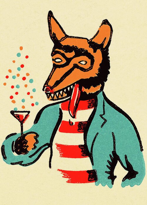 Alcohol Greeting Card featuring the drawing Wolf Holding a Cocktail by CSA Images